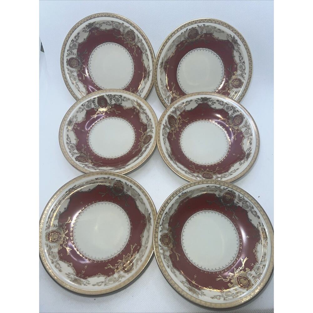 SIX Meito MANDARIN Maroon Red Gold Ivory RIMMED BERRY BOWLS Occ. Japan PERFECT!